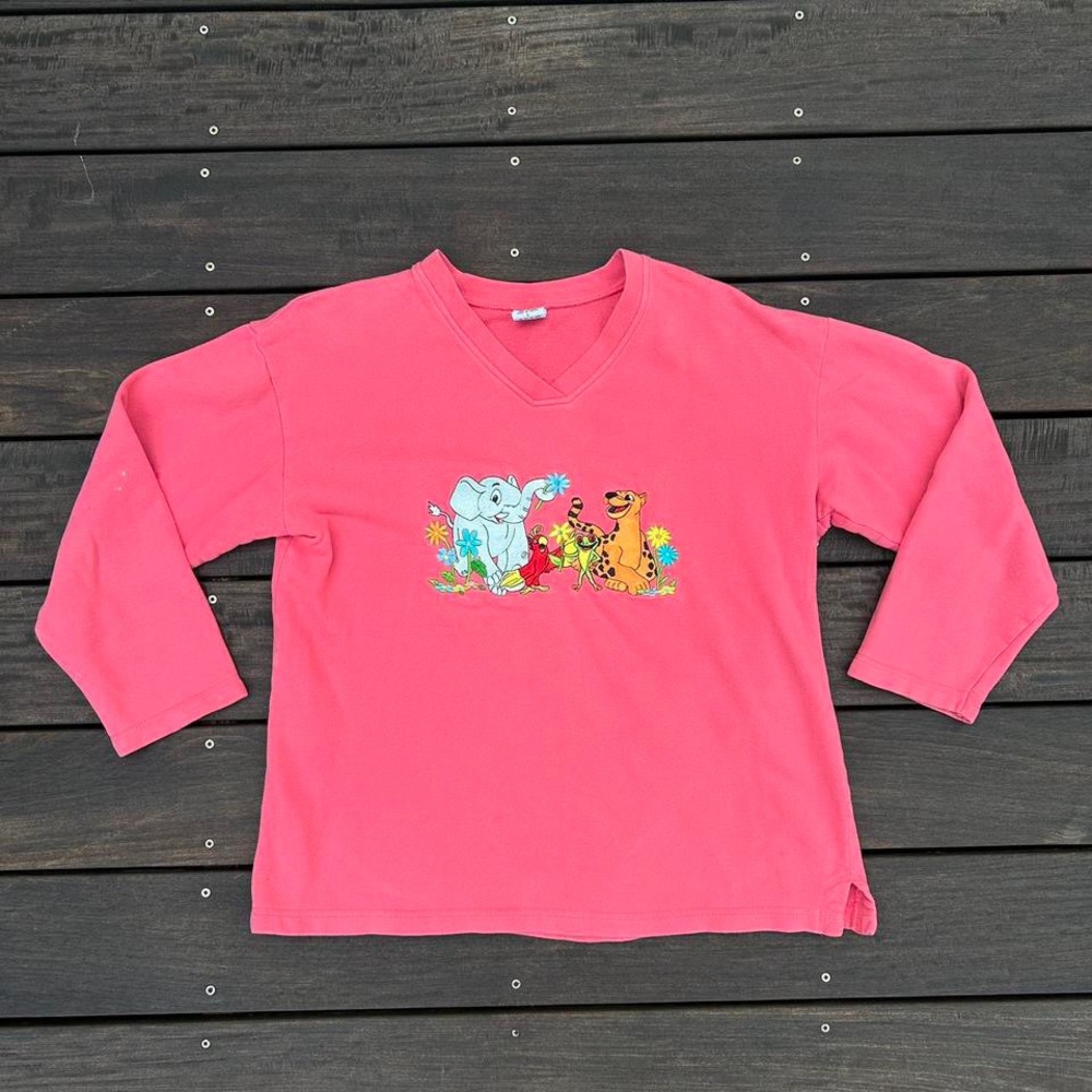 Vintage Pink Rainforest Café Sweatshirt w/ Embroidered Cartoon Animals
